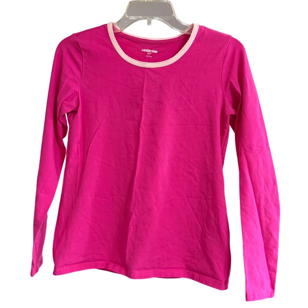 Lands' End‎ Womens XS Pink Scallop Trim Long Sleeve Cotton Stretch Top Casual